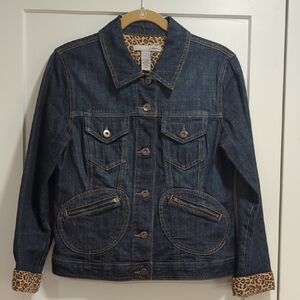 Chico's Dark Blue Jean Jacket with Leopard Trim